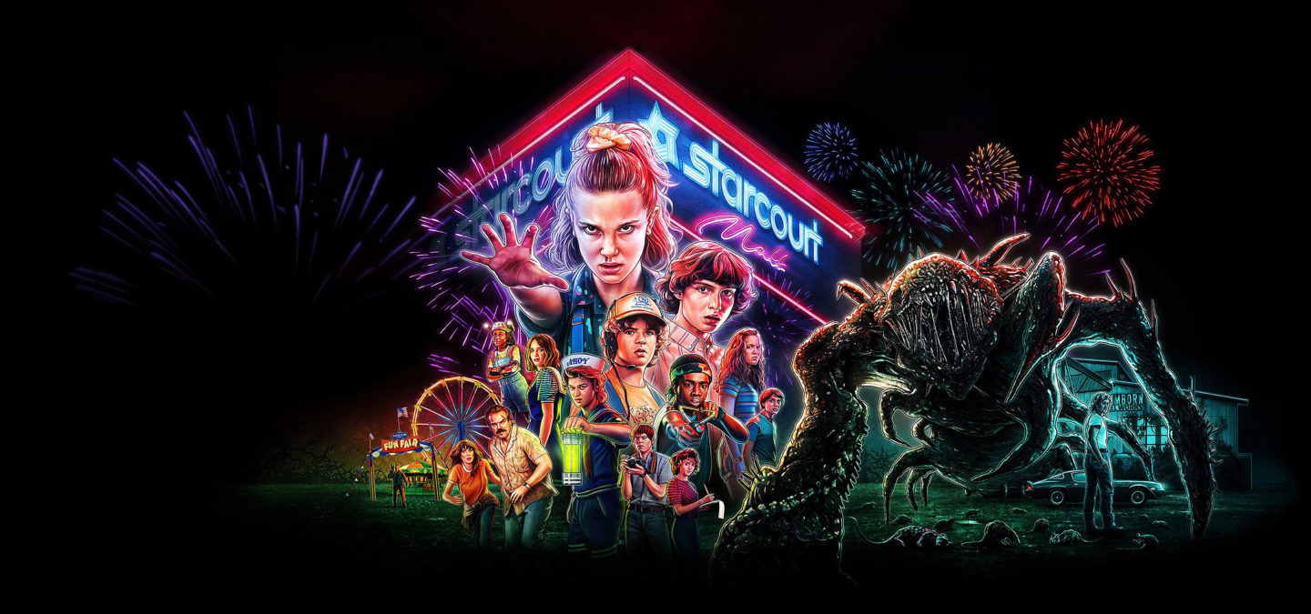 A graphic of Stranger Things season 3 showing Eleven and the other characters at the Starcourt mall. 
