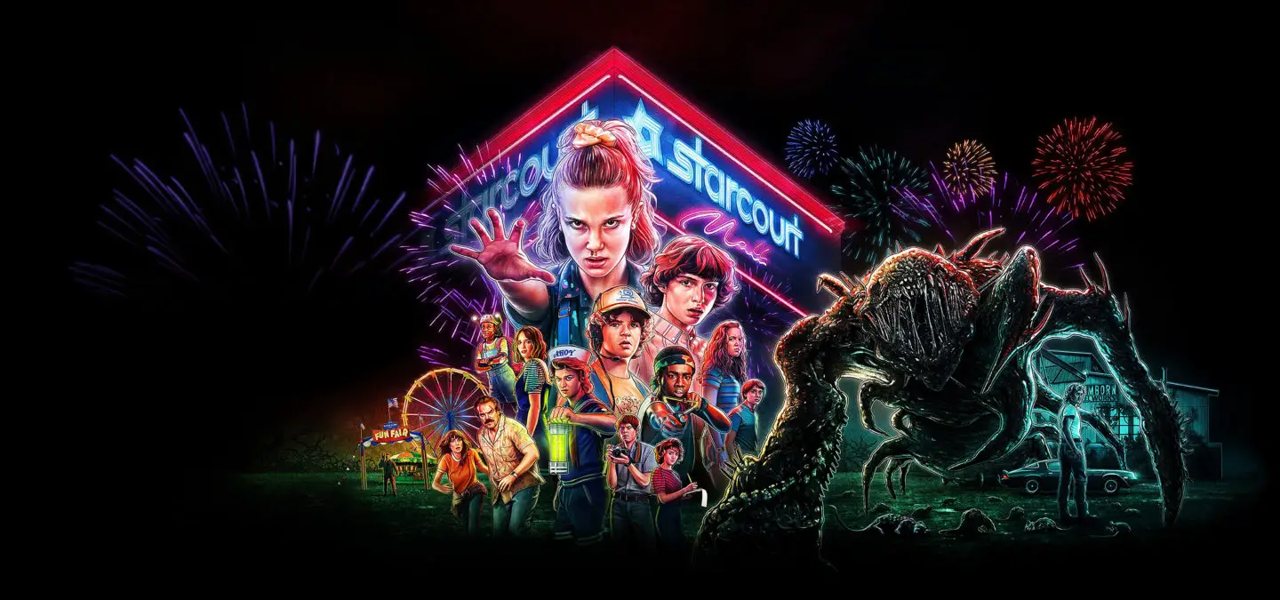 A graphic of Stranger Things season 3 showing Eleven and the other characters at the Starcourt mall.
