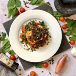 Pan fried halloumi with caramelised red onion and lentils recipe