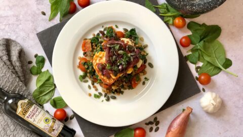Pan fried halloumi with caramelised red onion and lentils recipe