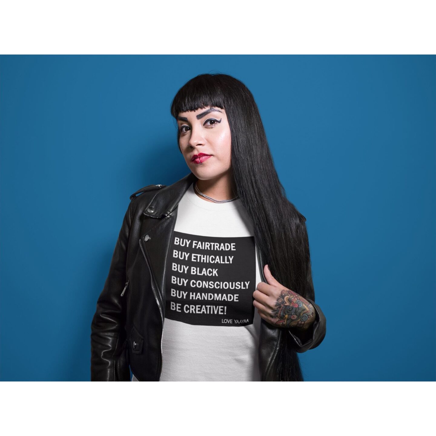 A woman wearing a t shirt listing a buying guide