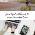 A Pinterest image that has a man carrying a child on a beach and a woman working on a laptop at a desk with the text, 'your legal entitlement to unpaid parental leave'