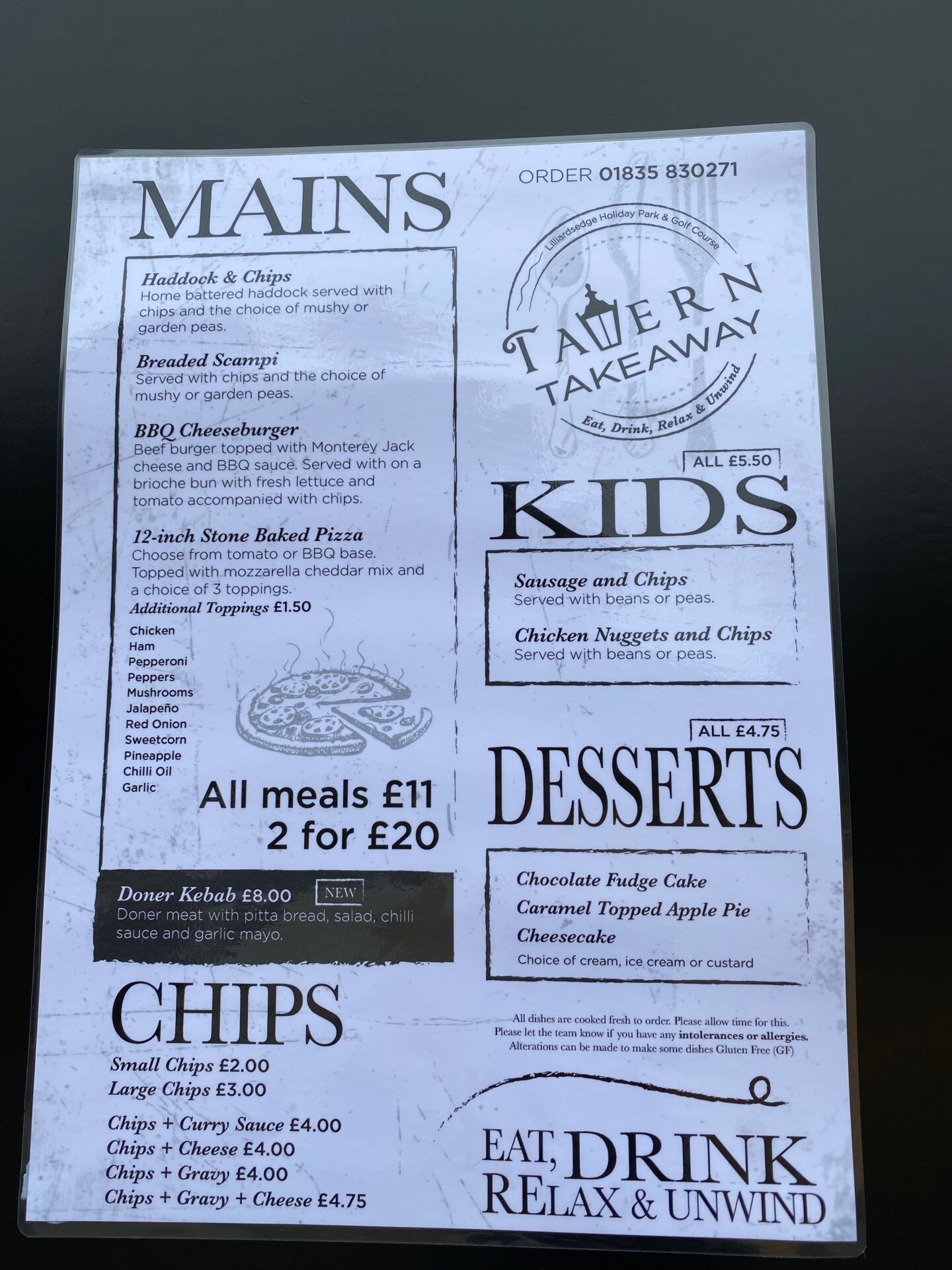 A takeaway menu featuring pizzas 2 for £20 or £11 each, kids meals £5.50 and chips etc. 