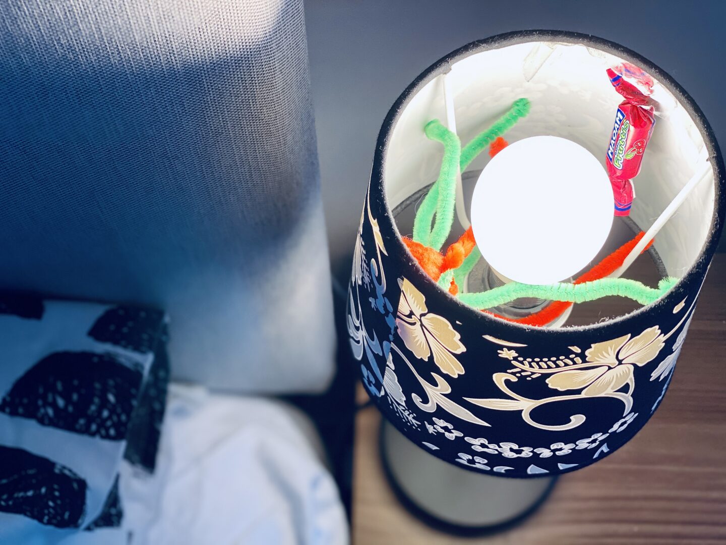 A pipe cleaner spider and Maoam inside a lampshade 