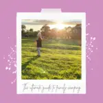 A polaroid of a young girl blowing bubbles on a campsite at sunset