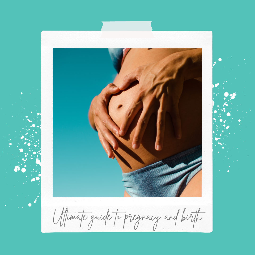 A pregnant stomach with hands on it against the background of a sunny sky