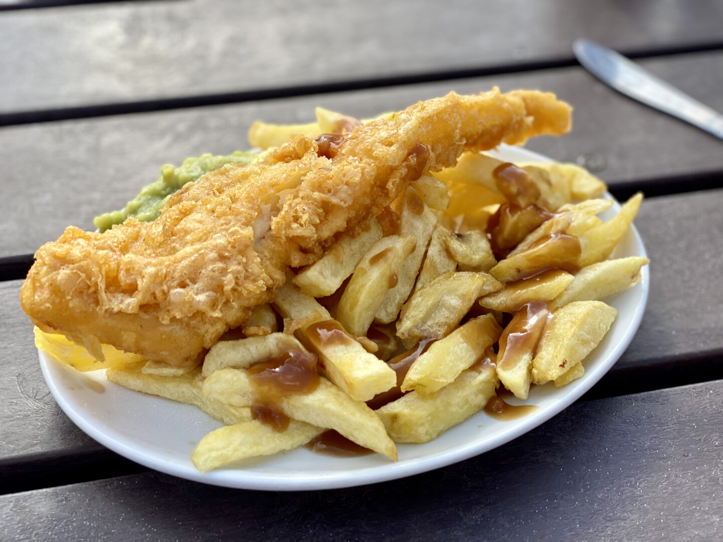 Fish, chips, mushy peas and gravy