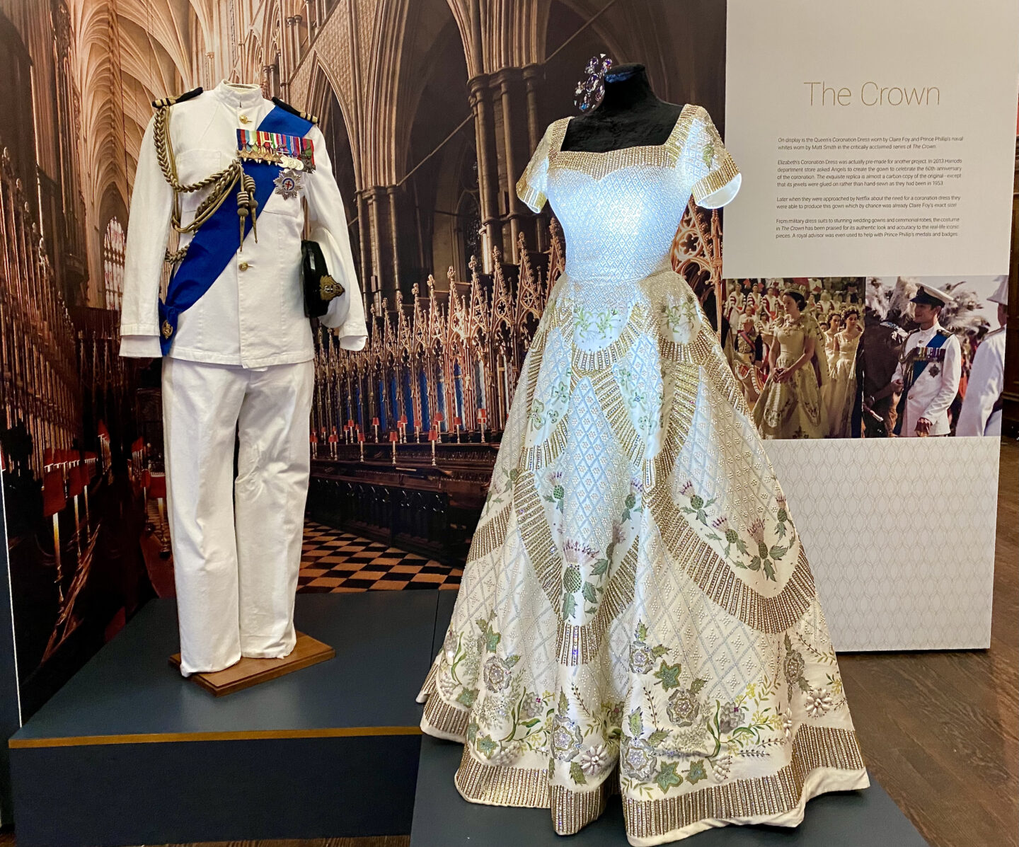 A replica of the Queen and Prince Phillips coronation outfits