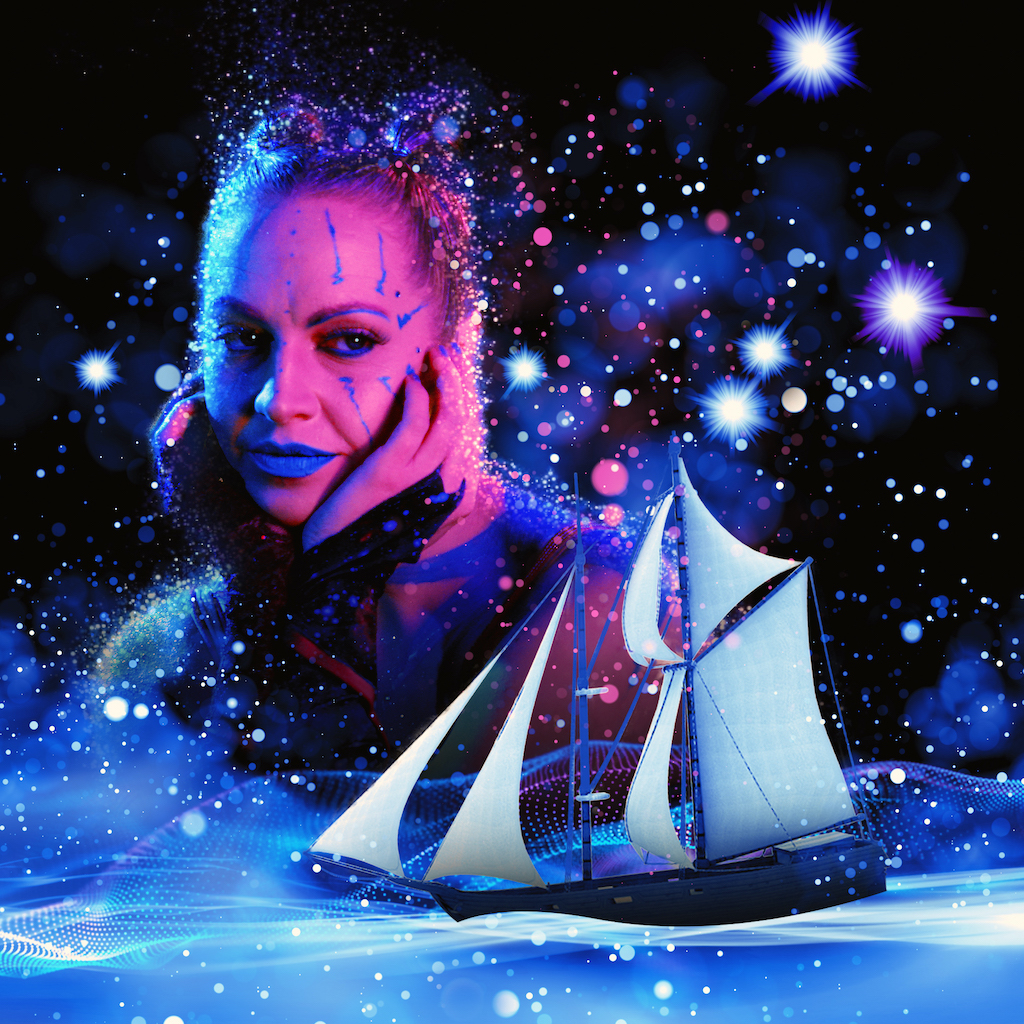 A woman with face paint and glitter and a boat on a river. 