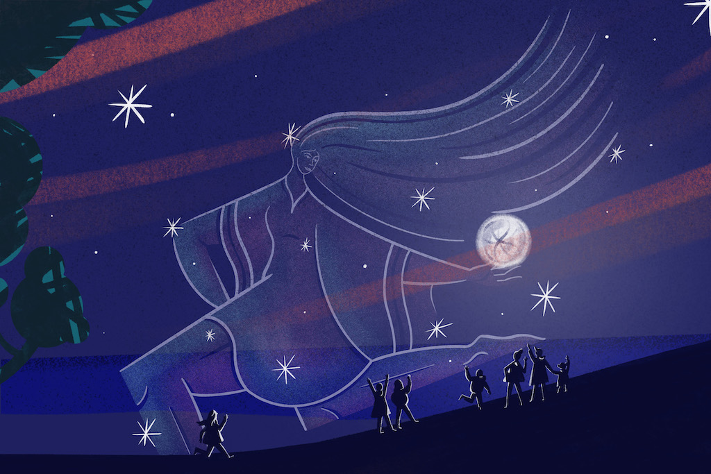 A drawing of the weaver in the stars and people looking up at her 