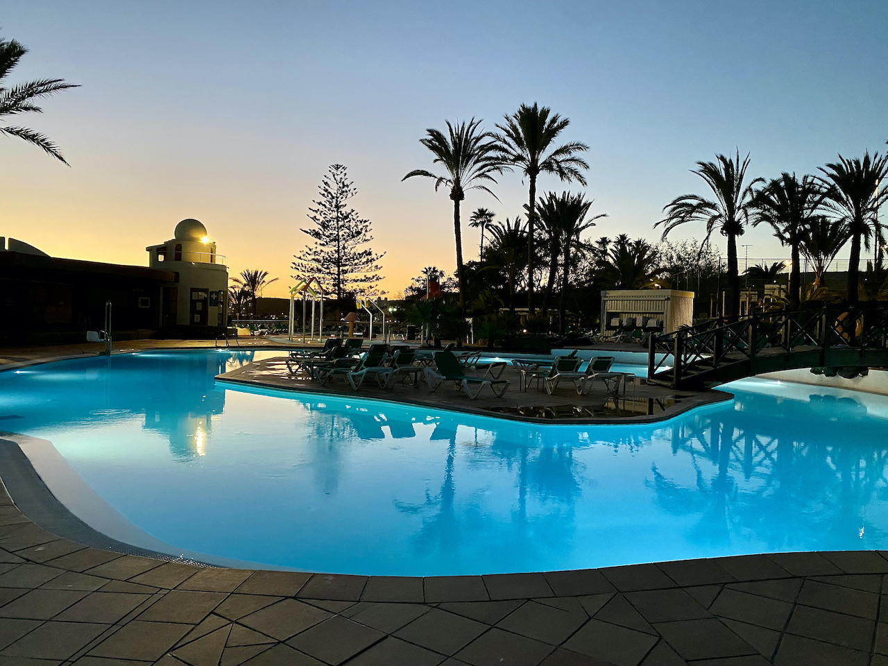 Pool at sunset with palm trees