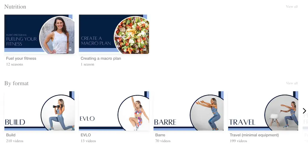 A screenshot of Evlo showing some of the nutrition options on Evlo, as well as workout types. For example, build, barre and travel.