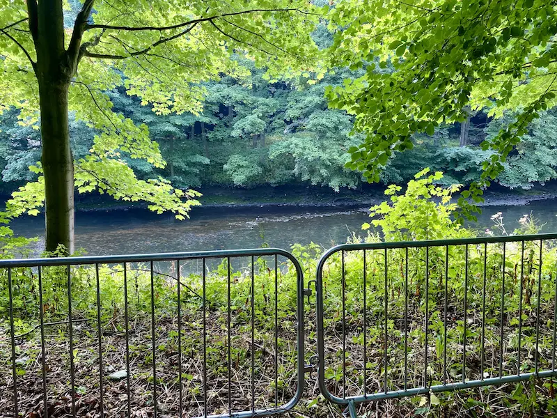 A fenced off picturesque river and greenery