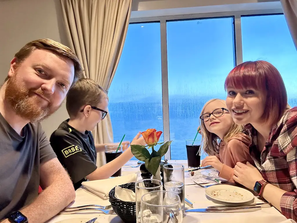 Family eats in the North Sea Bistro at a window table