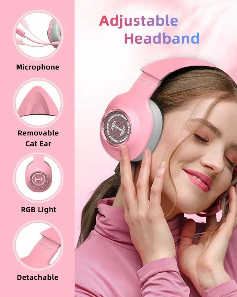 A girl wears pink headphones and looks happy