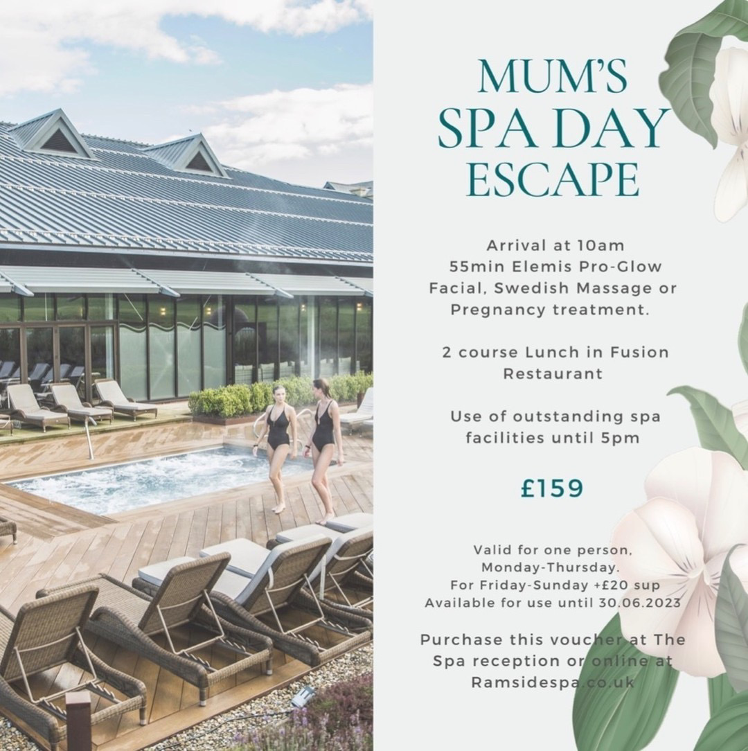 A flyer advertising Ramside Spa;s Spa day Escape, there is a photo of a small outdoor pool and two women in black bathing suits walking past it chatting