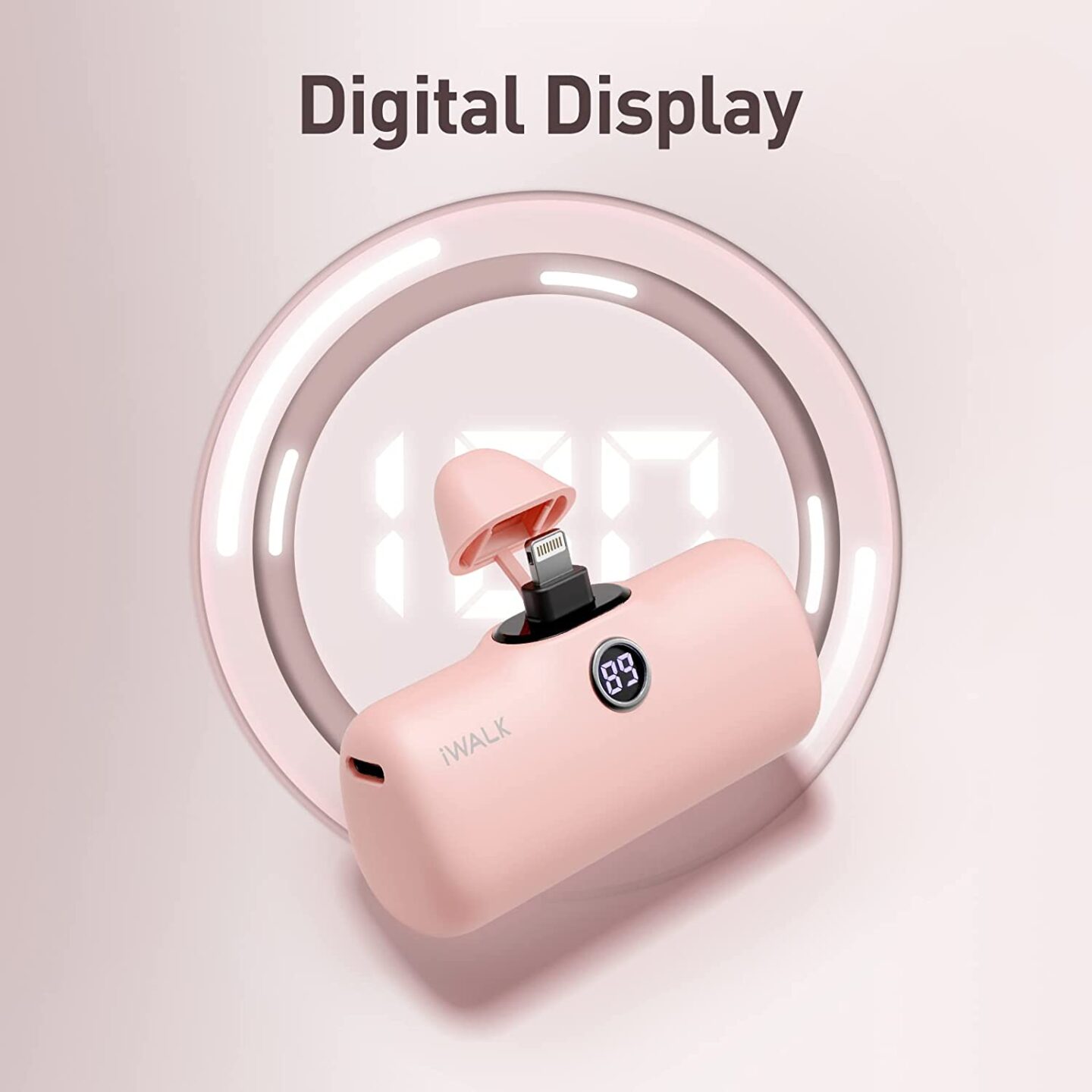A small pink power bank with 89 on it's digital display