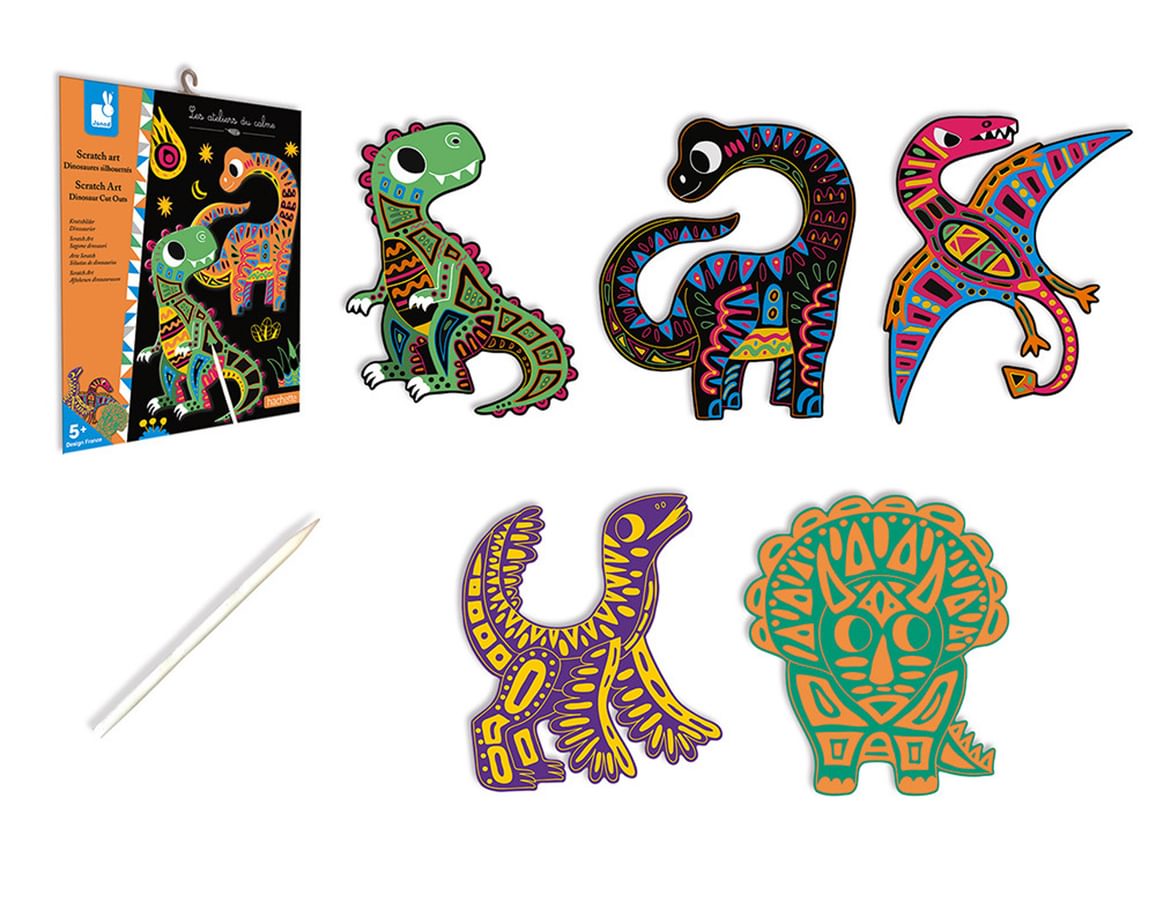 Wooden dinosaur art toy - 5 dinosaurs in bright colours with a wooden stylus