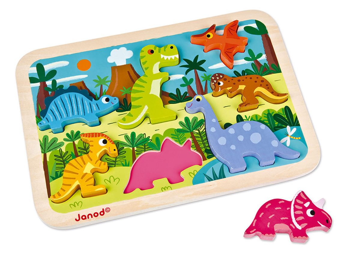 A brightly coloured chunky dinosaur puzzle