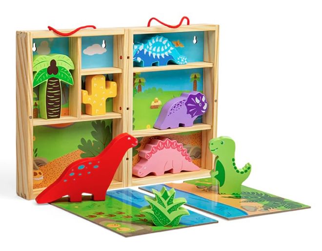 A wooden box with brightly coloured wooden dinosaur toys in it