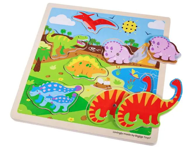 A brightly coloured chunky dinosaur puzzle