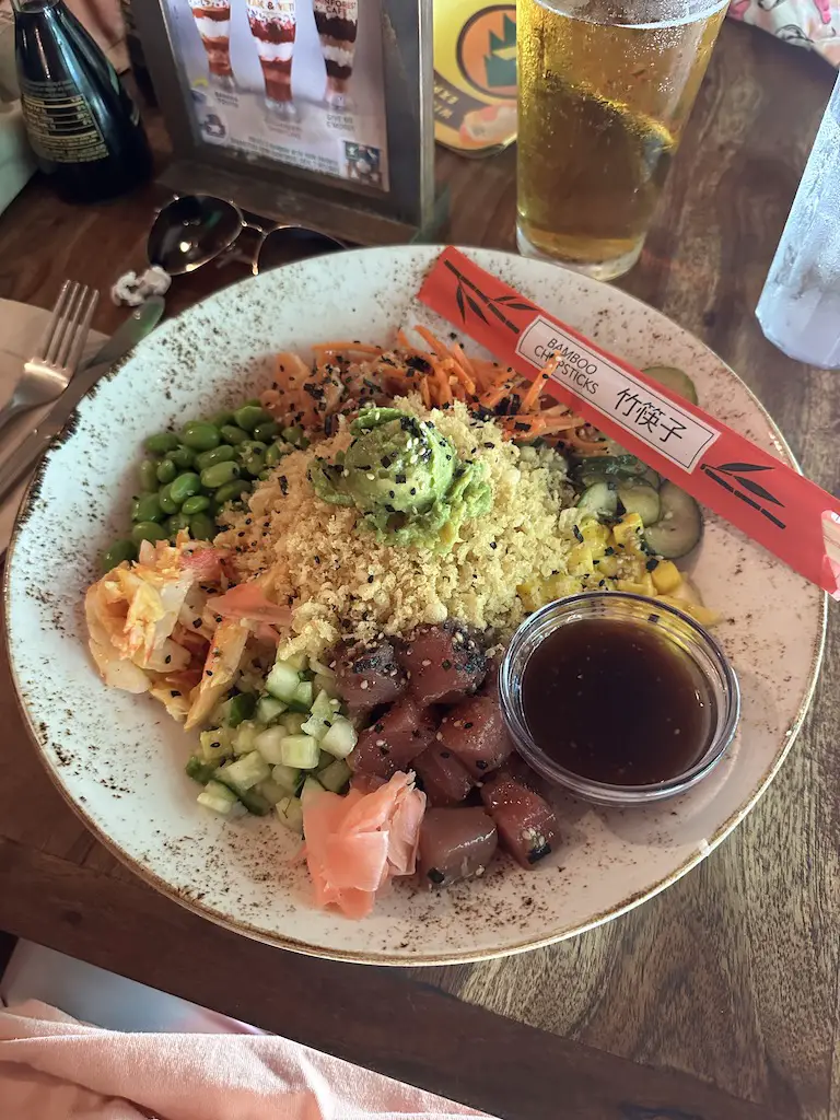 sushi salad bowl at Yak and Yeti at Animal Kingdom - tuna sashimi, soy, edamame beans, cucumber, carrot