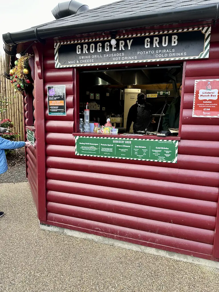 The red Groggery Grub hut at Lilidorei with their Christmas menu